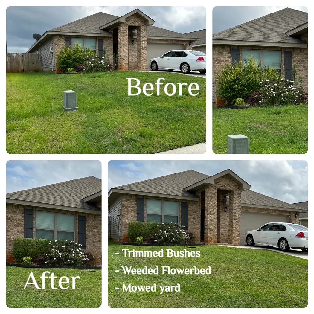 Before and after trimming and bed cleanup near a front entry